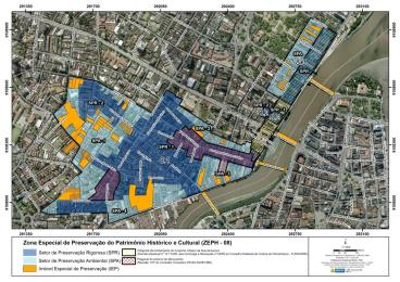 Mapa da área do Plano Urbanístico da ZEPH-8 com destaques dos setores e dos Imóveis Especiais de Preservação
